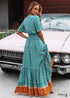 Boho Print Button Front V Neck Drawstring Dress